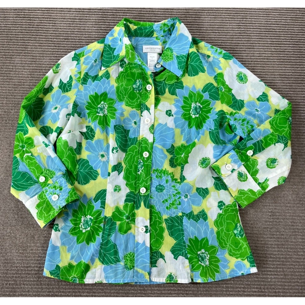 Liz Claiborne Petite 6 Floral Button Down‎ Shirt Green Blue Cotton